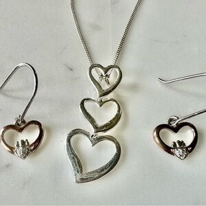 925 Silver Triple Heart Pendant 15.5”  Chain and earring set